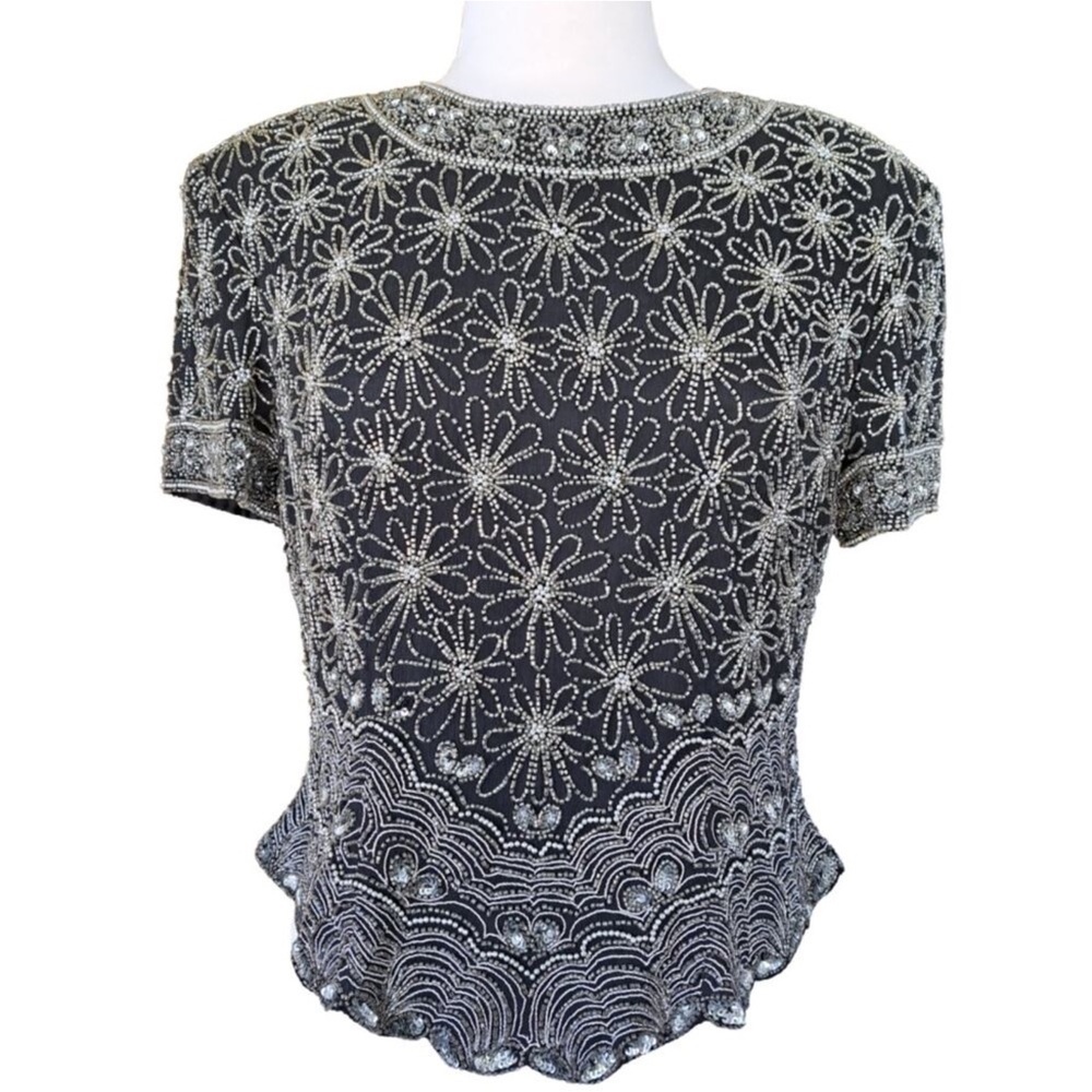 Adrianna Papell Boutique black silk top with shiny silver beading Size Large